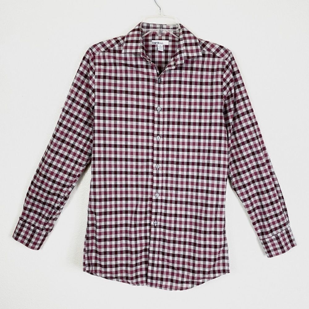 Bar III Slim Fit Red & Grey Gingham Plaid Long Sleeve Button Up Shirt